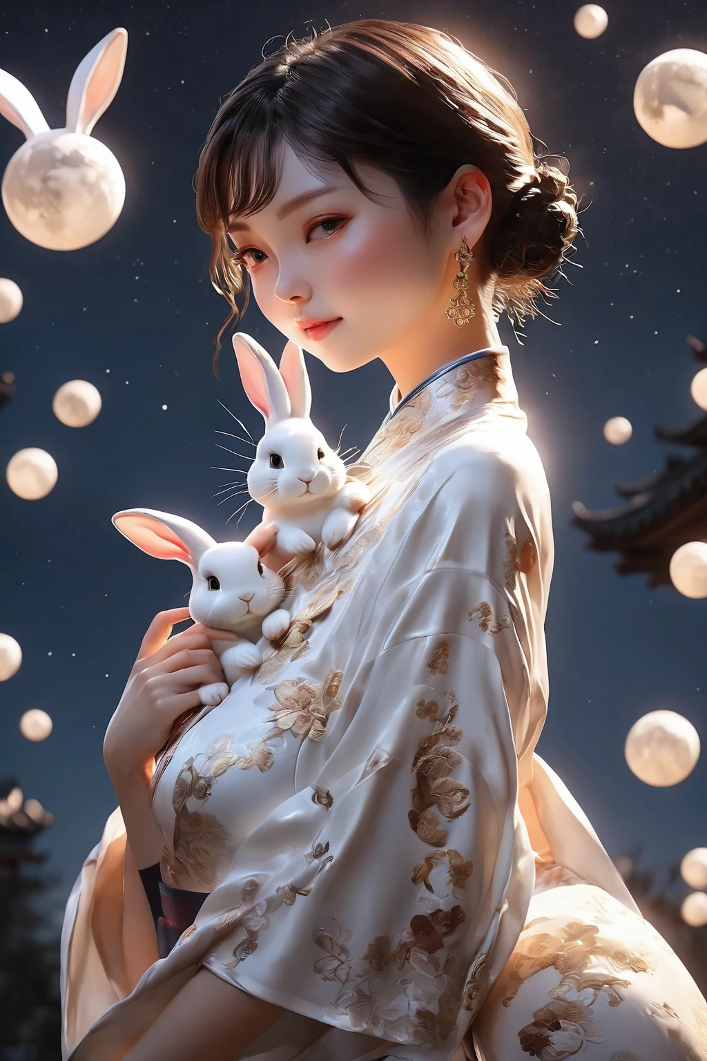 Sculpture out, Realistic·1 girl, Rabbit in arms，skin pure, cheongsam, Cinematic light, full moon, cloud, night, moonlight, star  