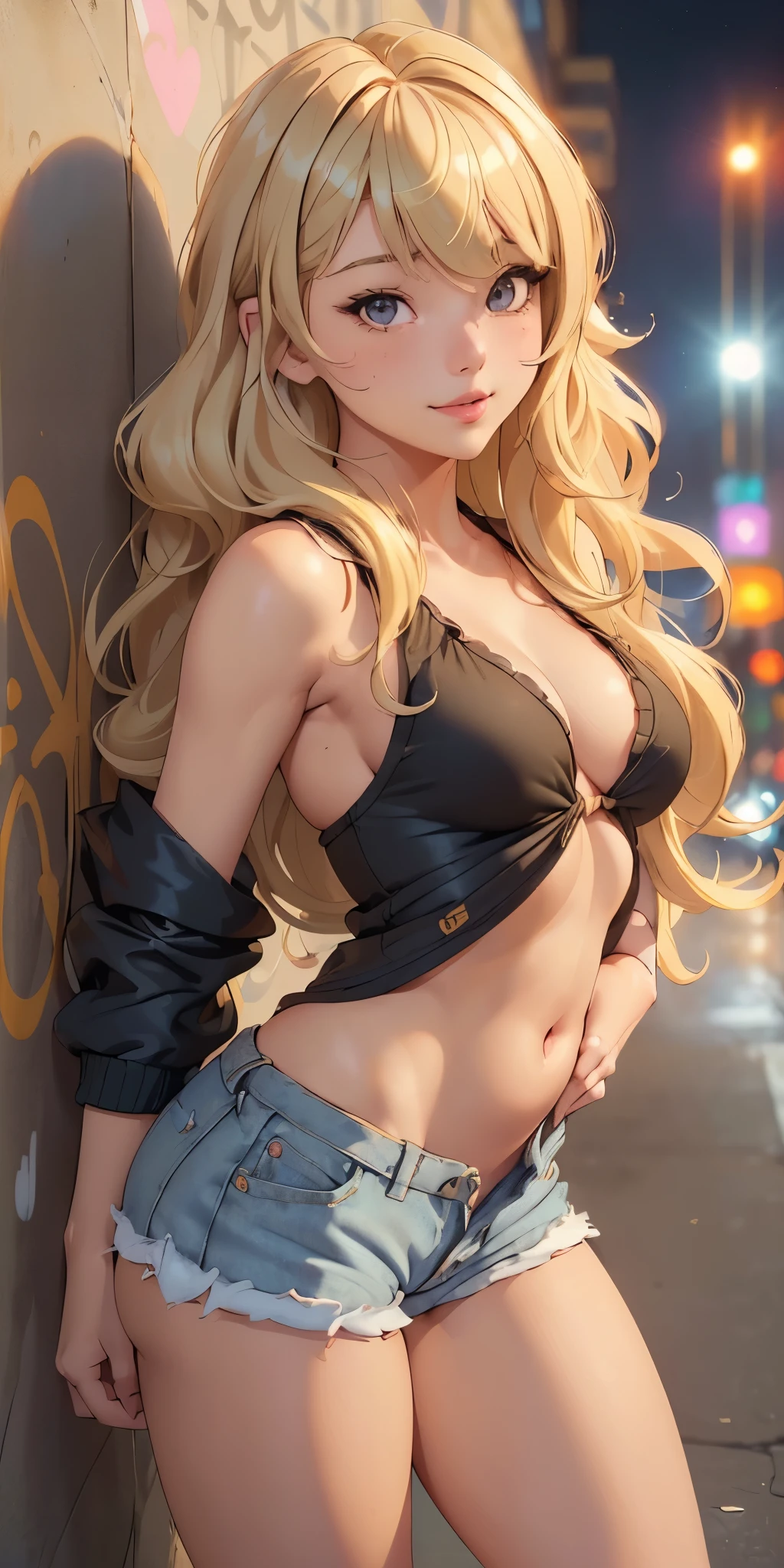 ((1 sexy and cute girl)), ((small, voluminous and juicy breasts)) ((blonde wavy hair with bangs in one eye)) ((long straight hair)) cute hip hop clothes top open jacket shorts beautiful fabric, extremely sexy body, perfect lips, cheeky smile, graffiti, WALL, on the street, buildings at night, seductive and sexy pose