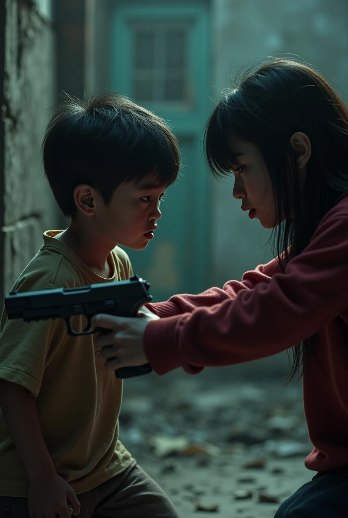 A boy hitting a girl in the face, while the girl is pooping, hyper realistic