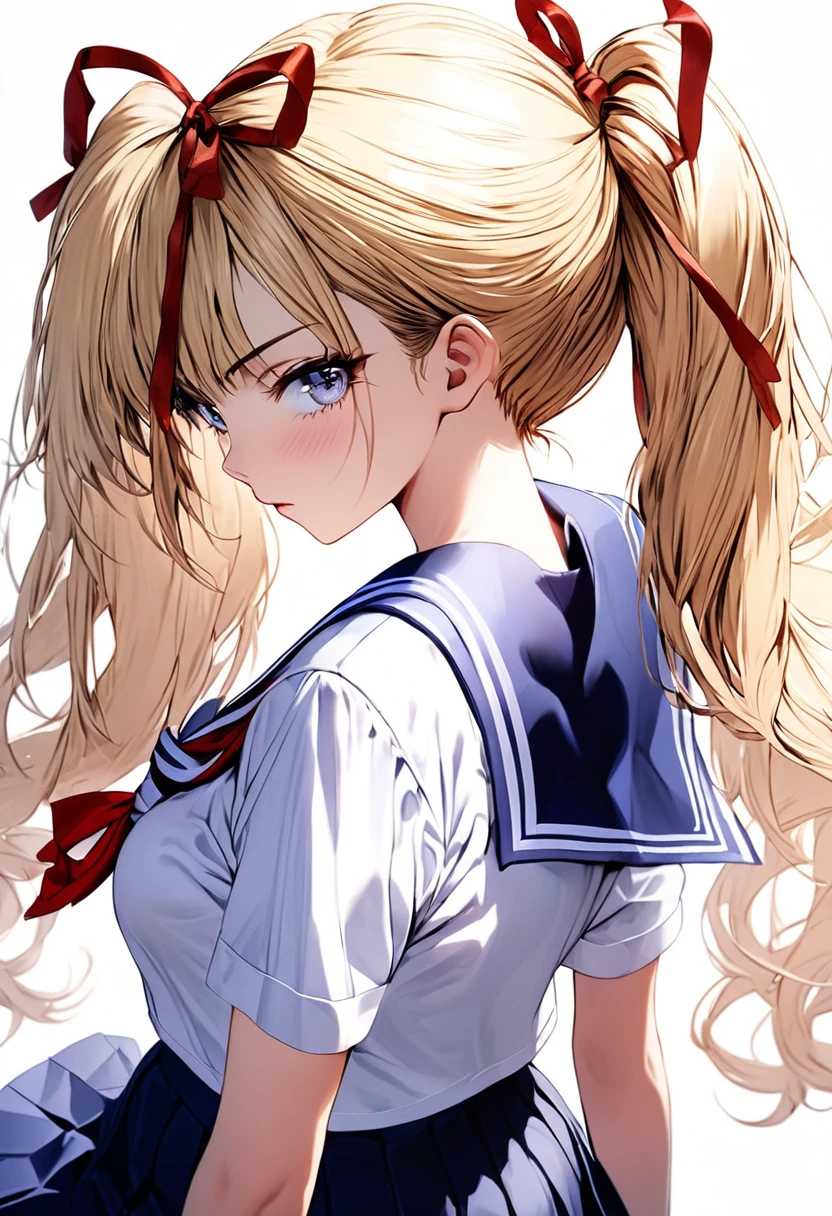 masterpiece,Best Quality,(ultra-detailliert:1.2), Beautiful eyes,Beautiful hair,Beautiful face,Beautiful skin, 1girl, japanese highshcool girl, sailor collar, school uniform, (((blonde))), twintails, miniskirt, dark blue eyes, serious high school girl, school uniform,  sailor suit, middy uniform, (((white shirt))), red ribbon,(((white background))), white high socks, brown pumps, monochromatic background, red hair ribbons, from behind, back shot