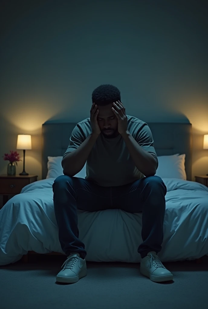 Large size, man, shaved face,sri lankan,sitting on bed,nice room, thinking what he should gift his girlfriend for her birthday tomorrow, panic, sad, thniking serious pose,hand on his head