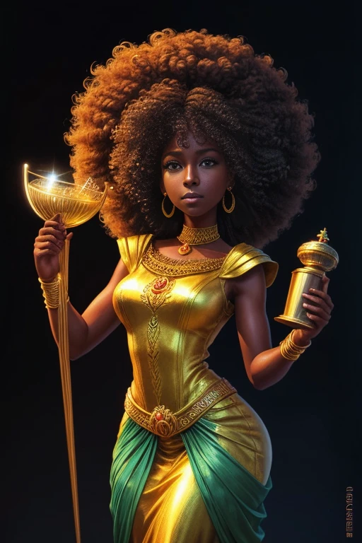 a cartoon picture of a woman with an afro holding a trophy, epic 3 d oshun, dark skin female goddess of love, black african princess, gorgeous goddess of leo, full color illustration, youthful taliyah, female goddess, afro futurism, beautiful goddess, goddess queen, afro, art cover illustration, ancient goddess, inspired by Thomas Blackshear, venus goddess