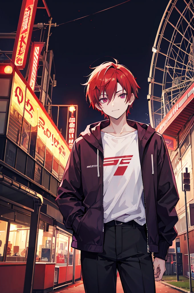 Face through torso, 1man, mature male in his 20s, short hair(Red hair, hair between eyes), sharp and masculine purple eyes(no highlights), sinister smile, mysterious aura like a mastermind behind all events, wearing white hoodie under casual jacket, black pants, controlling red death energy, standing in front of a closed amusement park's Ferris wheel at night with a blood-red moon in the background