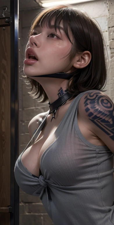 NSFW, (((medium shot))), upper body, attractive, young, (topless) woman, indoors. ((Eyes closed. Moaning in ecstasy. Bondage, tied, bound behind back)). Asian. Beautiful eyes, perfect eyes, (((scifi))).