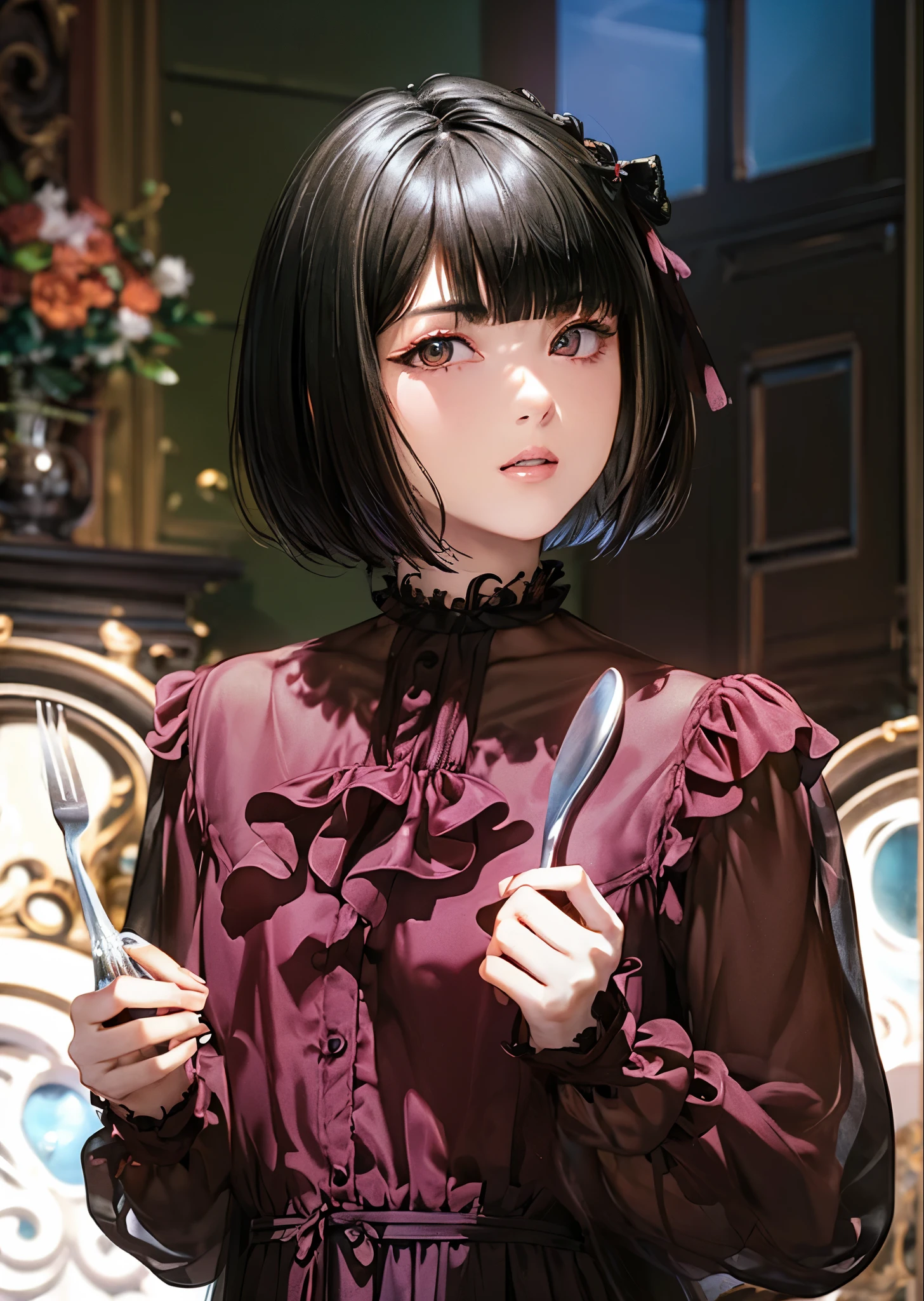 (masterpiece,best quality, looking at viewer),1woman,20 years old,Alone,(Black Hair,short hair,Bobcut,blunt bangs),eye shadow,(Slim Body),Small breasts,Russet frill shirt,Black Ribbon,Holding a spoon and fork,see-through