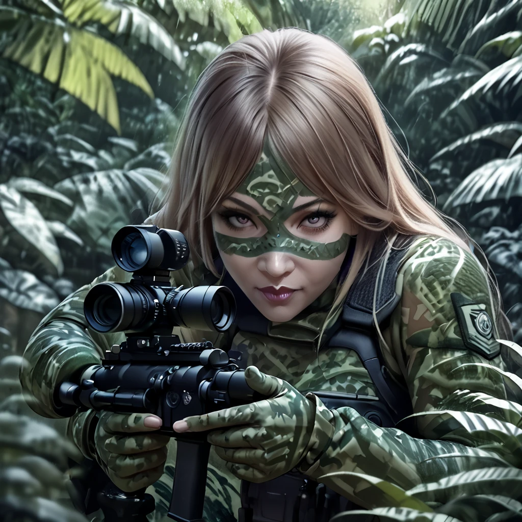 a woman soldier in camouflage body paint, stealthy combat squad, multiple invisible female soldiers, blurry body outlines, aiming sniper rifle at the viewer, realistic, photorealistic style, dense jungle, hidden in the lush jungle, face painted in intricate patterns, blending into the jungle, glimpses of face and hands visible, dark due to lack of sunlight in the deep jungle