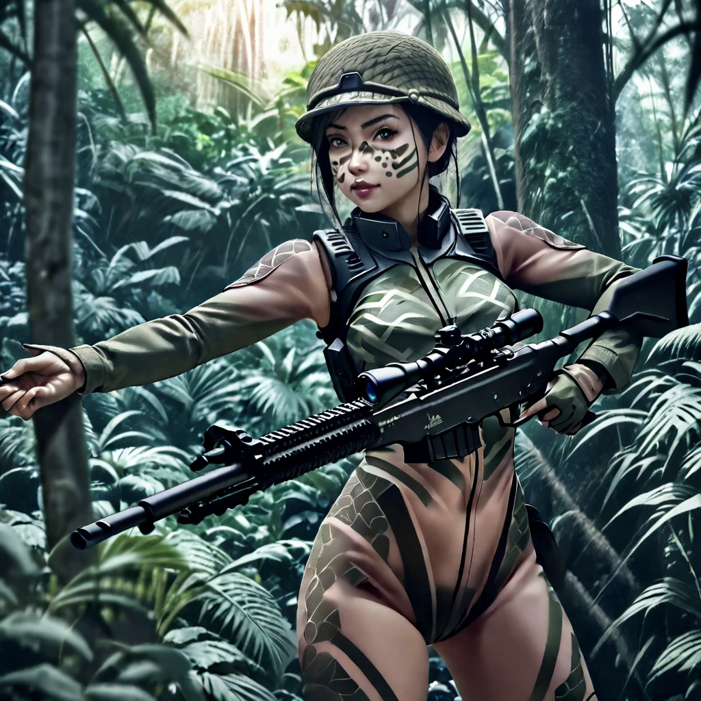 (a female soldier in a sheer combat uniform:1.5), stealth infantry combat group, multiple invisible female soldiers, blurry body outlines, aiming a sniper rifle at the viewer, (realistic, photorealistic style), dense jungle, hiding in the lush jungle, face painted with intricate patterns, camouflaged in the jungle, with only the face and hands visible, dark jungle with little sunlight penetrating