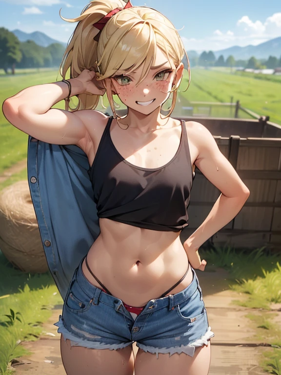 (((SHARP detail perfect face))), ((flat chest)), (nice hips), detailed skin, ((masterpiece)), best quality, (SHARP details), 4k, ((slutty (femboy))), (((farm))), (loose (white tank top)), ((blonde hair)), sweat, (trap), amber eyes, looking at viewer, (short hair), ((((bulge)) in (denim hotpants)), (hay), outdoors, solo, (asymmetric hair), ((farmboy)), (freckles), tanned, stable, (nice hips), ponytail, (grinning), mischevious, slutty, (undressing pants), ((aksing for sex)), seductive,