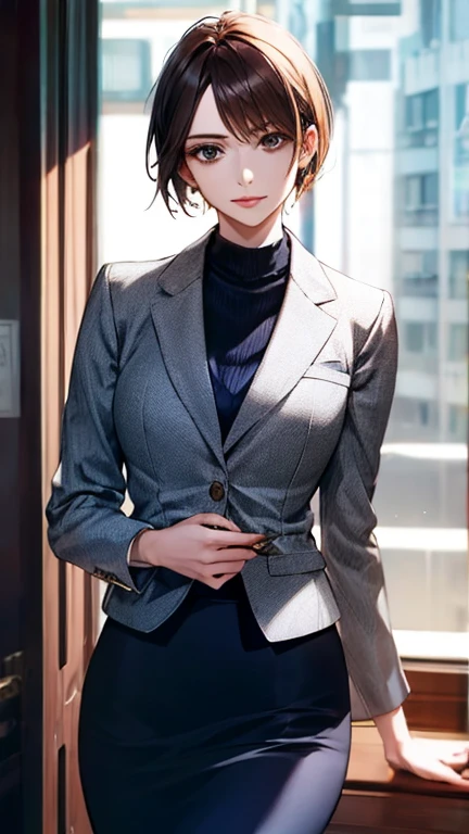 (masterpiece:1.2, top-quality), (realistic, photorealistic:1.4), beautiful illustration, (natural side lighting, movie lighting), nsfw, 
looking at viewer, cowboy shot, front view:0.6, 1 girl, japanese, teacher, perfect face, cute and symmetrical face, shiny skin, 
(long hair:1.2, ponytail:1.2, forehead, sidelocks, light brown hair), blue eyes, long eye lasher, (large breasts:0.8), 
beautiful hair, beautiful face, beautiful detailed eyes, beautiful clavicle, beautiful body, beautiful chest, beautiful thigh, beautiful legs, beautiful fingers, 
((detailed cloth texture, (darkgrey business suit jacket), lavender turtleneck, dark grey pencil skirt, high heels), wayfarer glasses), 
(beautiful scenery), evening, class room, school, standing, (graceful, smile, upper eyes), 