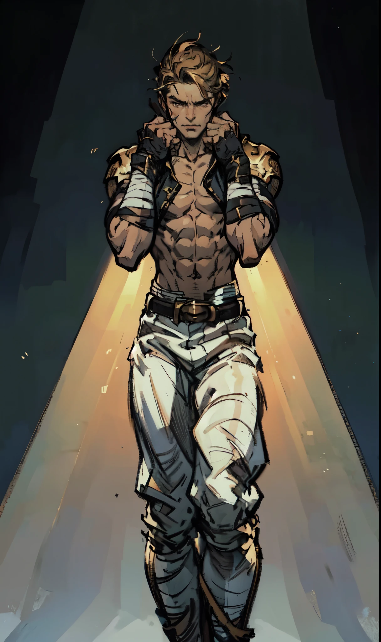 mummy costume, bandages, dynamic pose, Egyptian tomb, jewelry, bandaged arm, bandaged legs, bandaged torso, penis, (best quality), (masterpiece), (highly detailed), cinematic, (detailed background), depth of field, intricate details, 8k, bara, photo of a handsome man,