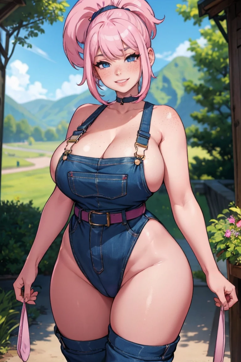 Beautiful young teenager, 1girl, purple hair, blue eyes, extremely short hair, (freckles on face), happy, smiling, blushing,thick lips, full lips, huge breasts, extreme cleavage, deep cleavage, very thin body, naked overalls, wearing nothing but overalls, sleeveless, bare arms, choker, perfect anatomy, countryside background, ultra-detailed, 4k, 8k, best quality, masterpiece, detailed background, (condom belt:1.3), lewd, (bimbo:1.5), wide hips, nice thighs, dumb girl, ditzy, pink hair, voluptuous, ponytail,