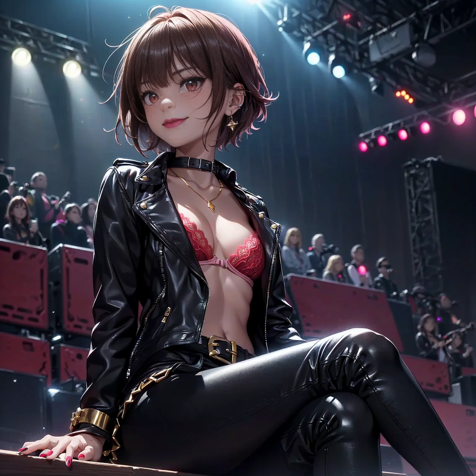 ((1girl, solo ,alone, megumin, short hair, red eyes, brown hair, ((short woman, small bust)), painted nails, gold bracelets, ruby earrings)), ((solo, 1woman, pink lipstick, Extremely detailed, ambient soft lighting, 4k, perfect eyes, a perfect face, perfect lighting, a 1girl)), austere, ((leather jacket, leather pants, belt, red bra, lace bra, earrings, necklace, bracelets, stage, rock concert, rocker girl, sitting, legs crossed, night, rock concert, smug smile))