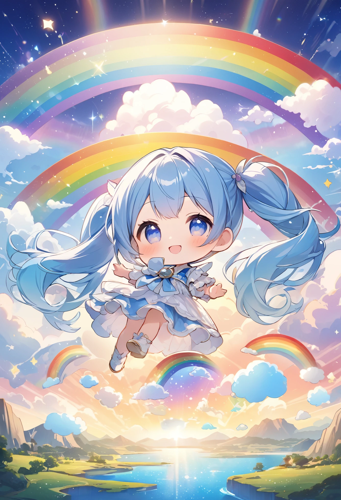 Absurd、Little男の子、(((Highest quality、Masterpiece、Award-winning works、The best dynamic composition、Super detailed、Anime Style、Perfect Anatomy)))、Little、cute、Flying in the sky with lots of balloons、Wearing a blue costume、cute、Little、Heartwarming、kawaii tech,