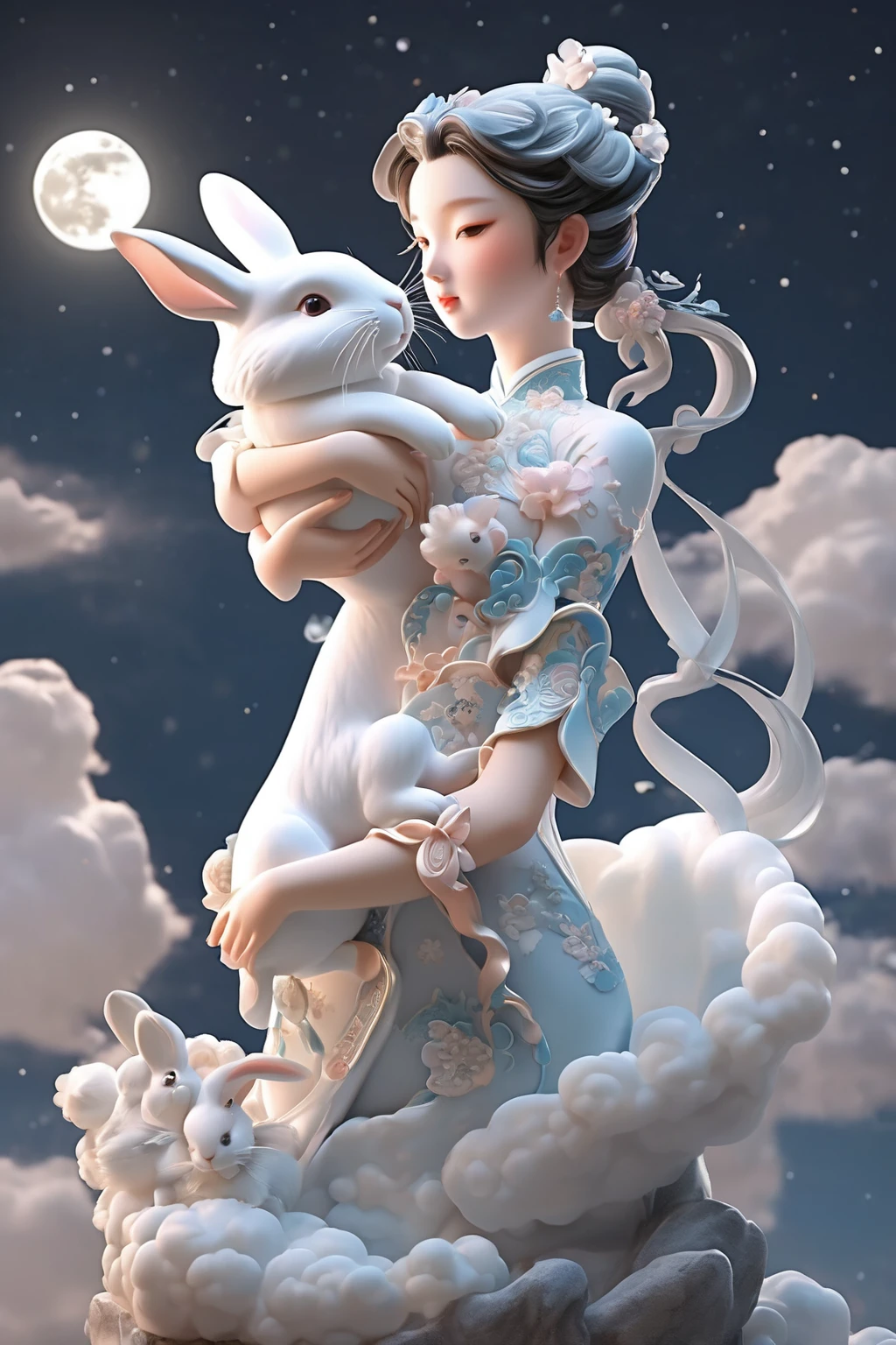 Sculpture out, realism：1 girl, Holding a rabbit in his arms，Pure skin, cheongsam, Movie Lighting, Full Moon, cloud, night, moonlight, Star  