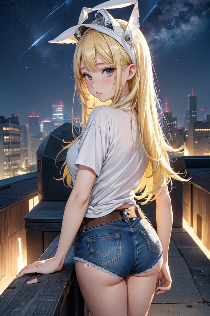 ((masterpiece)), ((best quality)), (ultra-detailed), anime style, library, night, a cute girl, 1girl, solo, sweater, sleeveless, beautiful gold hair, beautiful light blue eyes, ((beautiful eyes)), white-skinned, long hair, from behind, smile, skinny jeans