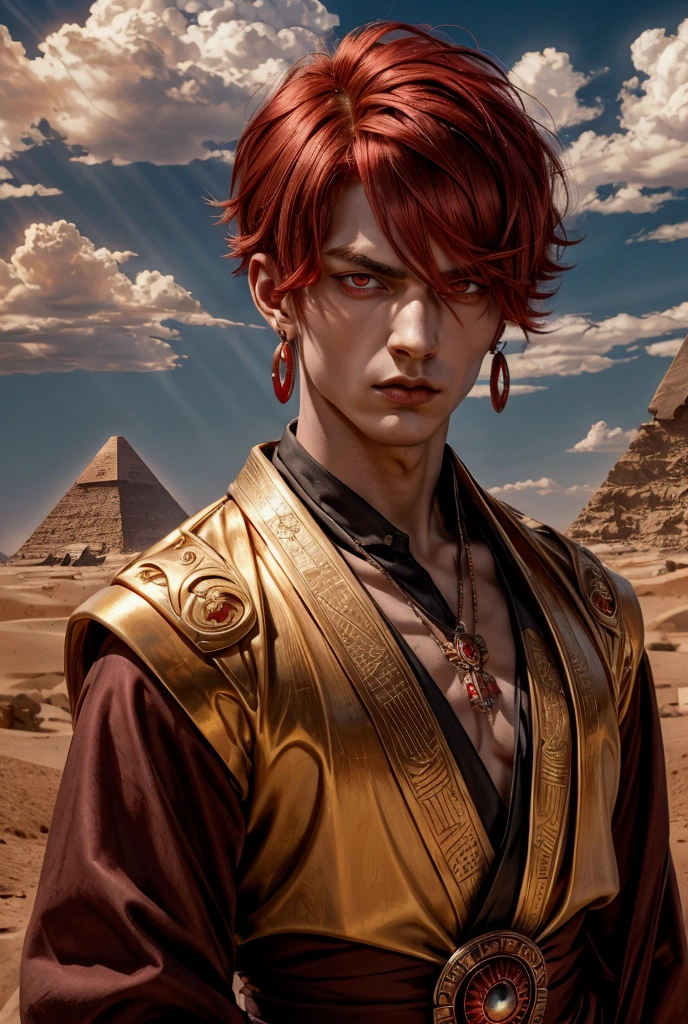 1 man,  handsome young man , earrings,  red hair with short bob haircut , , looks at the viewer with angry eyes ( red eyes ), красный pupils burning brightly, masterpiece, realistic anatomy sports, Divine Rays, 8K rendering, Gothic, Japanese style, realism, light robe of an Egyptian god ,   RED EYES ,, lip piercing, Scarlet eyes, full height, открыть clothes  ,stands in the middle of the desert ,gold jewelry,brave , дерзкий man 