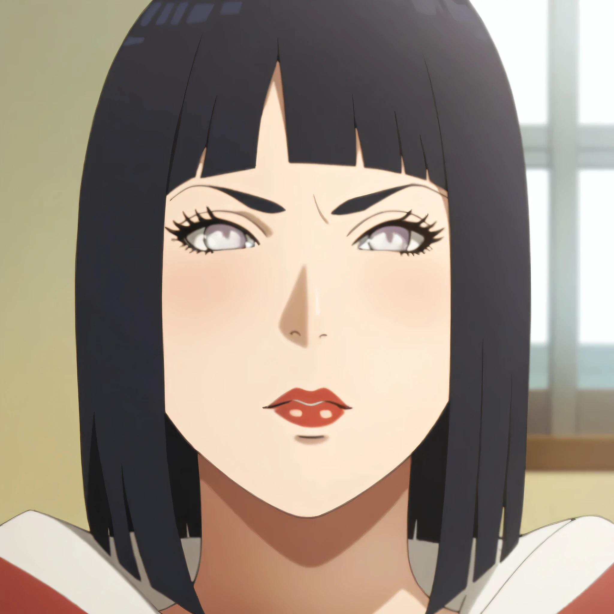 , One, stands in the room, hinata,, sexy face with full makeup, angry face, black hair, white eyes, plump red lips, носит кожаные перчатки high quality, high quality
