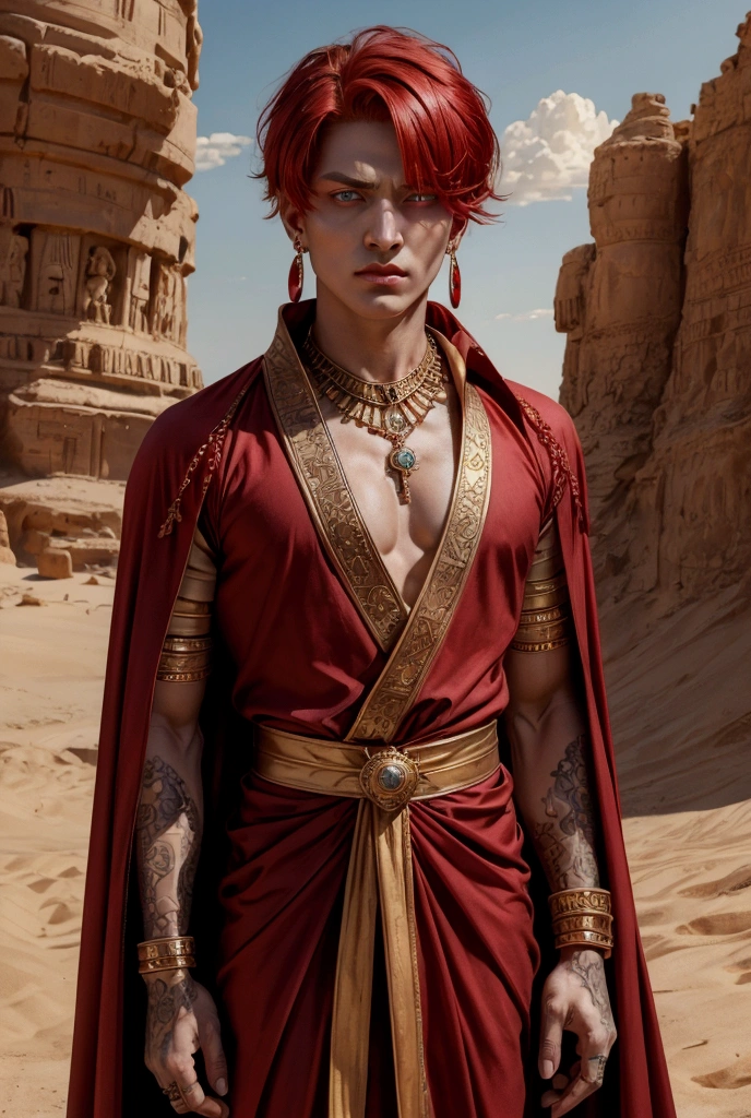 1 man,  handsome young man , earrings,  red hair with short bob haircut , , looks at the viewer with angry eyes ( red eyes ), красный pupils burning brightly, masterpiece, realistic anatomy sports, Divine Rays, 8K rendering, Gothic, Japanese style, realism, light robe of an Egyptian god ,   RED EYES ,, lip piercing, Scarlet eyes, full height, открыть clothes  ,stands in the middle of the desert ,gold jewelry,brave , дерзкий man 