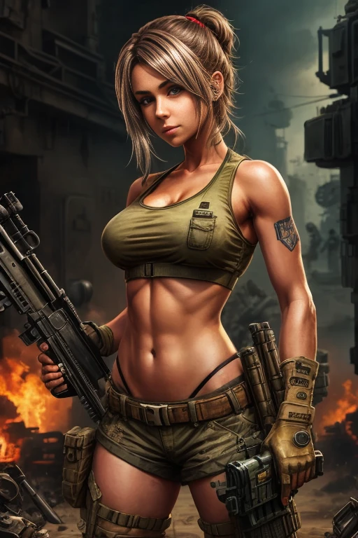 a woman in a tank top holding a gun and a bottle, mechanized soldier girl, tank girl, infantry girl, cutesexyrobutts, monstergirl, beautiful comic art, riven, video game fanart, inspired by ashley wood, giantess art, soldier girl, comic artwork, mighty princess of the wasteland, metal slug concept art, bikini + tattered military gear