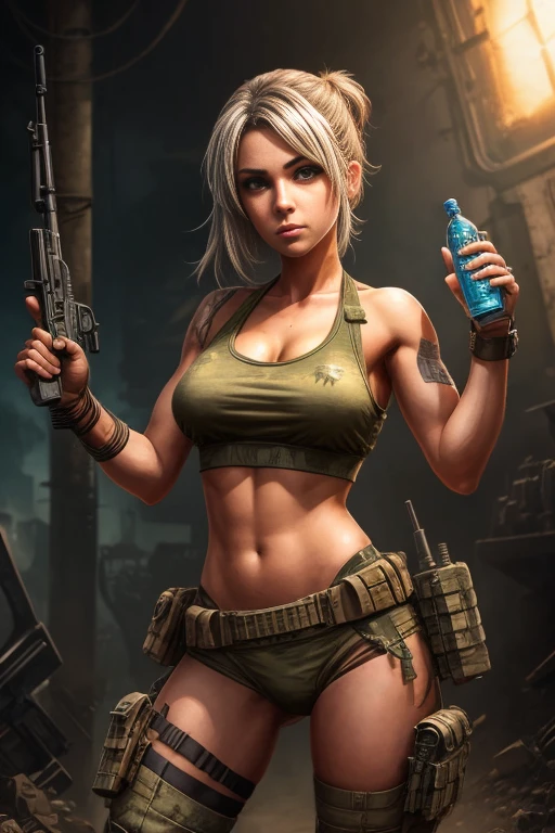 a woman in a tank top holding a gun and a bottle, mechanized soldier girl, tank girl, infantry girl, cutesexyrobutts, monstergirl, beautiful comic art, riven, video game fanart, inspired by ashley wood, giantess art, soldier girl, comic artwork, mighty princess of the wasteland, metal slug concept art, bikini + tattered military gear