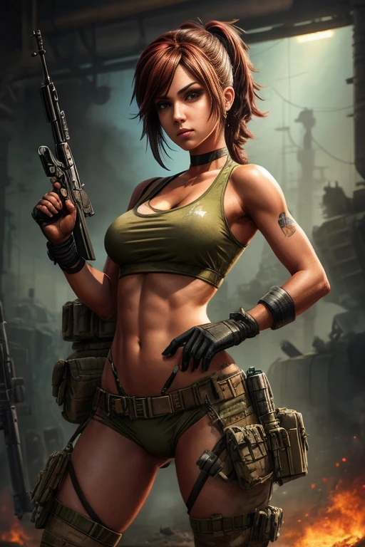 a woman in a tank top holding a gun and a bottle, mechanized soldier girl, tank girl, infantry girl, cutesexyrobutts, monstergirl, beautiful comic art, riven, video game fanart, inspired by ashley wood, giantess art, soldier girl, comic artwork, mighty princess of the wasteland, metal slug concept art, bikini + tattered military gear