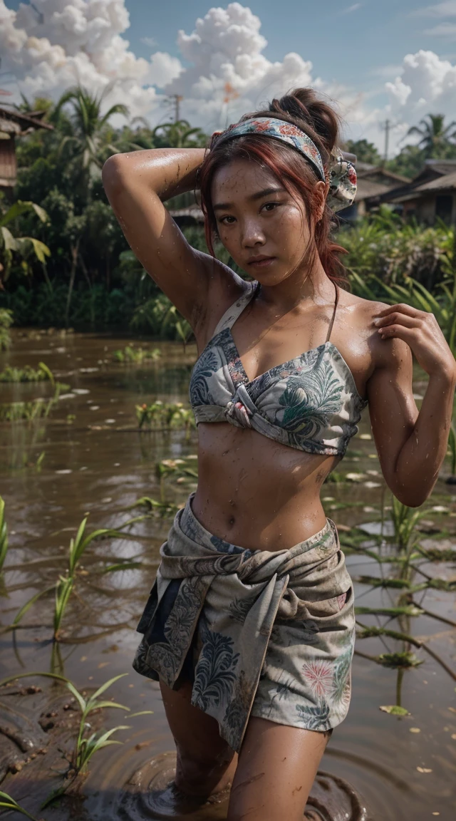 Masterpiece, ultra-high definition photo quality, detailed body, summer morning, forest lake, blue sky, very beautiful young Japan female athlete, naked, tall, small face, black short hair, no makeup, big beautiful clear watery eyes, cute happy smile, serious, obedient, cheerful, flushed cheeks, white teeth, sweat, sunburn marks, richly raised beautiful breasts, large and broad shoulders, beautiful strong abdominal muscles, strong back, strong upper arms, Strong thick beautiful legs, white ultra-small ultra-thin micro bikini, strapless, ultra-small ultra-thin ultra-low rise T-back, exposed buttocks, topless, wet and transparent areola, protruding areola, protruding pubic hair, digging crotch groove, genitals clearly visible, axillary hair, smooth body features, so much skin exposure, very sexy and greedy libido, beautiful smooth sweaty skin, full body figure,