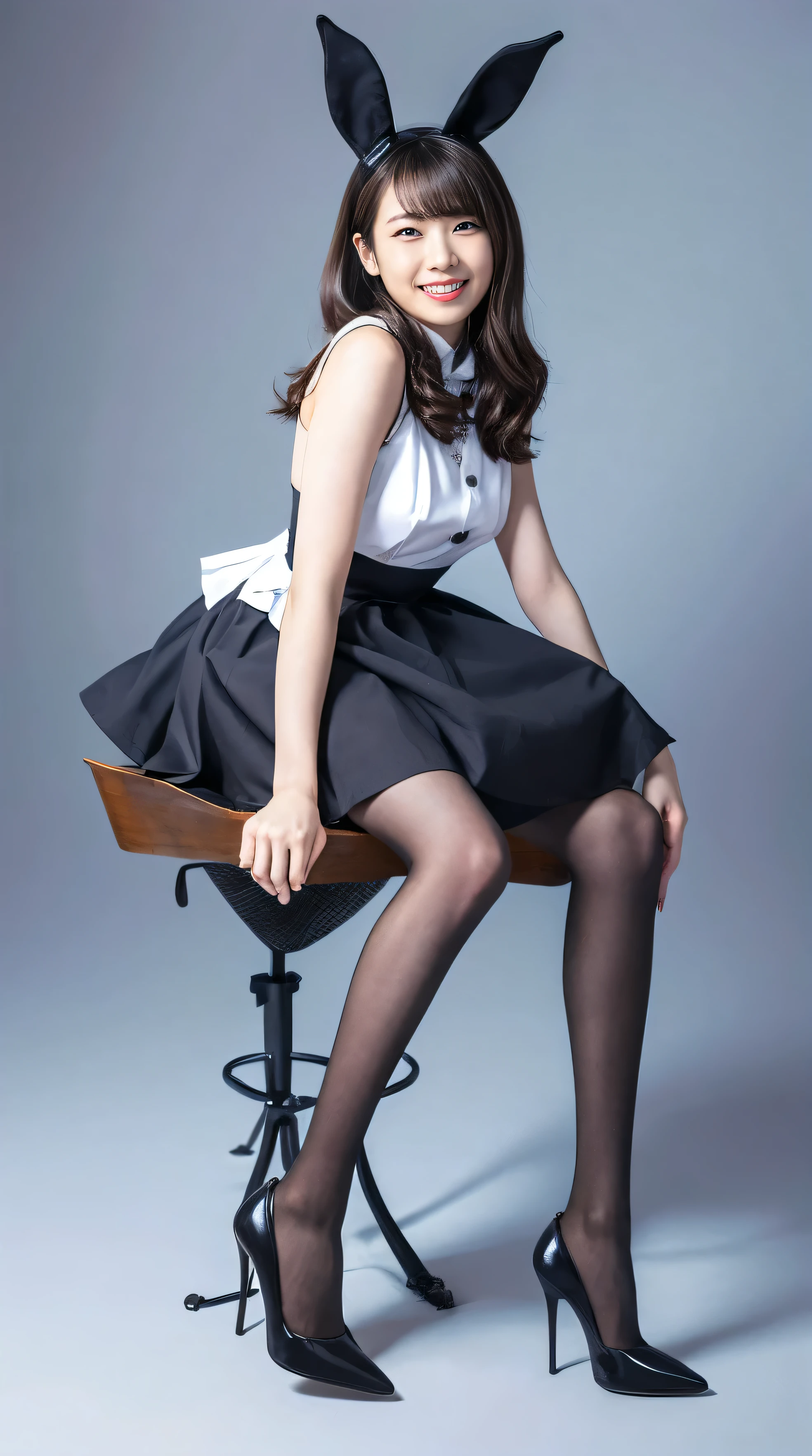 Bunny girl in maid clothes:1.5,Wearing black tights:1.5,The best smile:1.5,Full Body Shot:1.5,Gray background:1.5,Wearing black high heels:1.5,Fluttering mini skirt:1.5