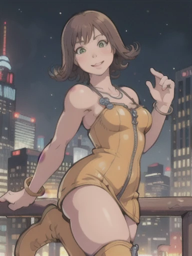 nsfw,(8k, Best Quality, masterpiece:1.2), (), Very detailed, 1 girl,cute, Alone, ((selphie,Selphy　Thermite,necklace, yellow dress, boots)),Tight yellow dress,  (Large Breasts),(beautiful detailed 目), (smile:1.2), Cityscape,Skyscraper,Written boundary depth, Good composition, Green glowing light, Final Fantasy VIII,Muscular,Abdominal muscles, whole body, lips, cute顔, (night:1.3), Radio City