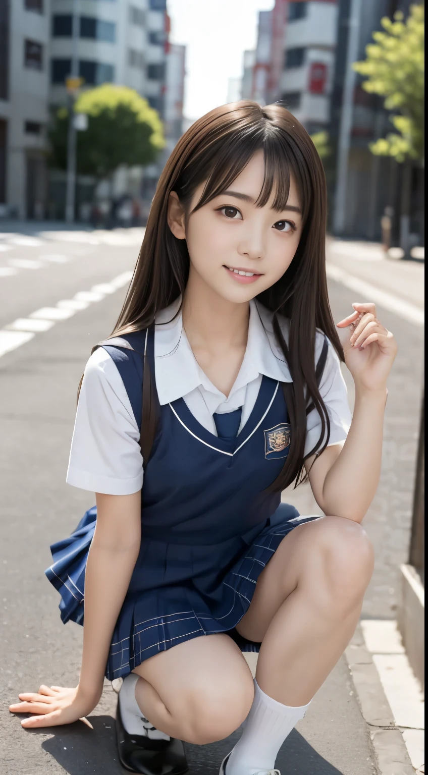 (Best-quality, Masterpiece, Ultra-High-Resolution, (Photorealistic:1.4), Raw Photo, depth of field, professional lighting, perfect anatomy, extremely details), 1girl, 15-years-old, the most famous Japanese idol, (wearing Japanese high-school uniform with summer-design, white short sleeves shirt, navy-blue long-pleated-skirt, black socks), ((((from below, looking down, panty-shot)))), detailed white-panties-with-cute-design, (extremely cute face, (extremely cute big-eyes), extremely cute hair, extremely cute skins, extremely cute long-eyelashes, extremely cute lips), extremely cute body, extremely cute thighs