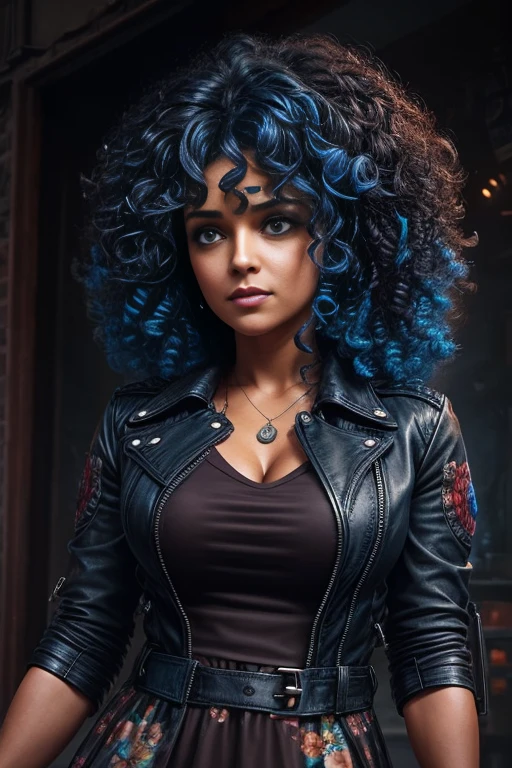 Blue curly hair. Deep dark and energetic coffee eyes. She wears a floral stamped dress with a leather jacket. busty. Comic style, marvel comics