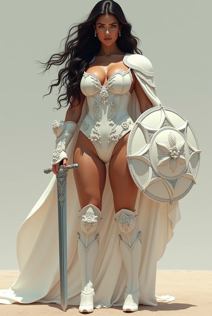 An Amazon posing with confidence and courage.   Body: the face is like Tyra Banks. She has a very long black straight hair. The breasts are big and voluptuous and hips are very strong and toned. The waist is tiny. Her body is voluptuous and delicate. The skin is dark melanin.  Clothes: Amazon armoured suit. The armor is bright metallic white with white flowers details. She has a long sword and a shield with crown relief symbol.   Image style and definition: ultra realistic photo, feminine figure, portraits, Reductionist form, mujercore, ultra definition image.  Background: Infinite white room.