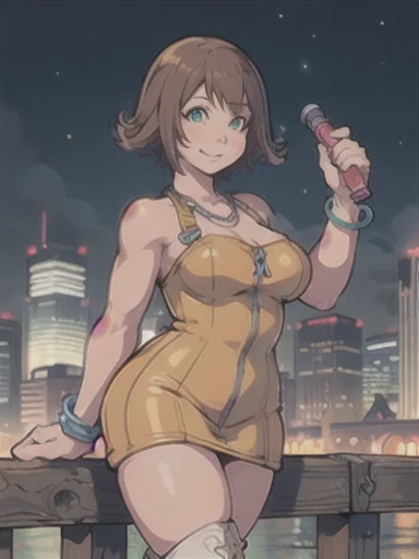 nsfw,(8k, Best Quality, masterpiece:1.2), (), Very detailed, 1 girl,cute, Alone, ((selphie,Selphy　Thermite,necklace, yellow dress, boots)),Tight yellow dress, (Big Eyes), (Large Breasts),(beautiful detailed 目), (smile:1.2), Cityscape,Skyscraper,Written boundary depth, Good composition, Green glowing light, Final Fantasy VIII,Muscular,Abdominal muscles, whole body, lips, cute顔, (night:1.3), Radio City