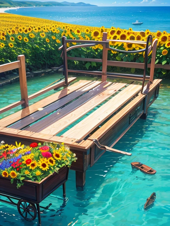 "A charming wooden cart brimming with various flowers—roses, sunflowers, tulips, and wildflowers—stands in a unique setting by the sea. The flowers spill over the sides of the cart, vibrant petals glowing under the sunlight. Instead of solid ground, the cart rests on a transparent surface above the ocean, and beneath it, colorful fish swim gracefully. The clear waters allow the sight of the marine life below, with schools of fish darting around, creating a mesmerizing scene where nature’s beauty on land meets the wonders of the sea."