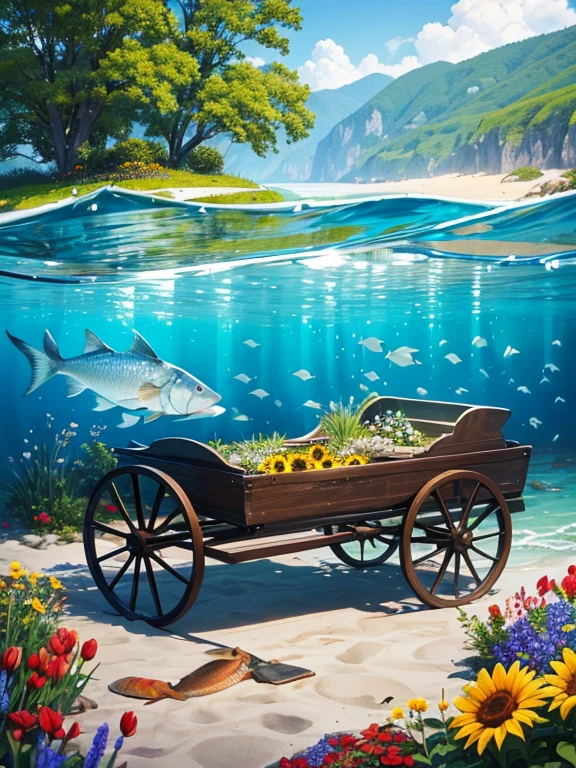 "A charming wooden cart brimming with various flowers—roses, sunflowers, tulips, and wildflowers—stands in a unique setting by the sea. The flowers spill over the sides of the cart, vibrant petals glowing under the sunlight. Instead of solid ground, the cart rests on a transparent surface above the ocean, and beneath it, colorful fish swim gracefully. The clear waters allow the sight of the marine life below, with schools of fish darting around, creating a mesmerizing scene where nature’s beauty on land meets the wonders of the sea."