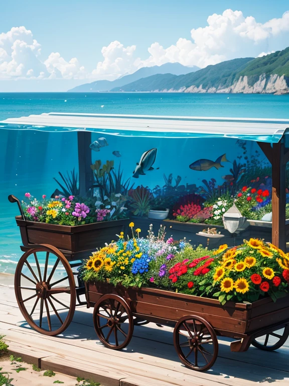 "A charming wooden cart brimming with various flowers—roses, sunflowers, tulips, and wildflowers—stands in a unique setting by the sea. The flowers spill over the sides of the cart, vibrant petals glowing under the sunlight. Instead of solid ground, the cart rests on a transparent surface above the ocean, and beneath it, colorful fish swim gracefully. The clear waters allow the sight of the marine life below, with schools of fish darting around, creating a mesmerizing scene where nature’s beauty on land meets the wonders of the sea."