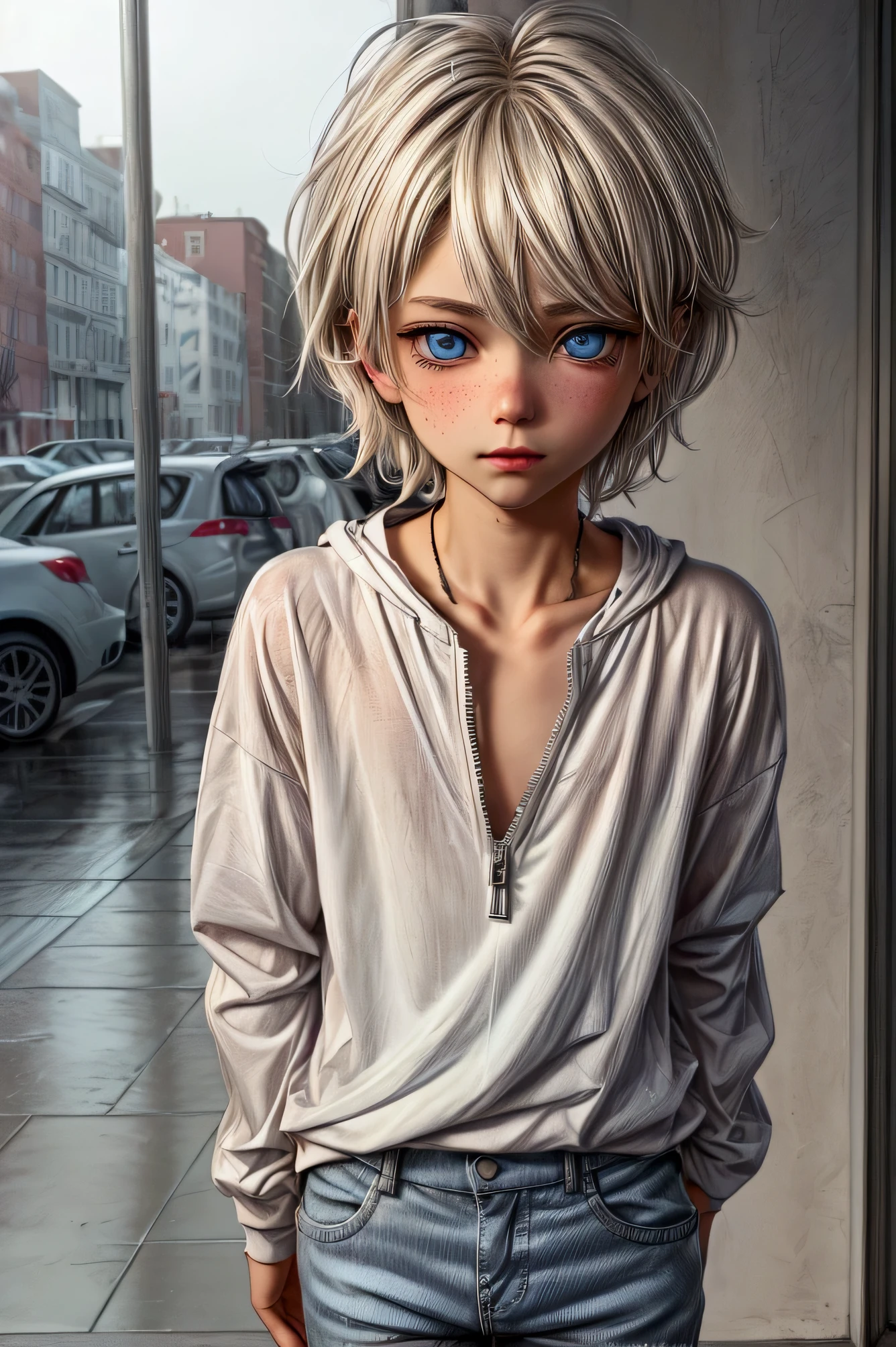Anime style, Highres, Masterpiece, Best quality at best, Best Quality, hight quality, hight detailed, 1boy, (), boy, blonde boy, blond Hair, perfect boy body, cute boy, detailed light blue eyes, detailed eyes, short hair, messy hair, pastel rainbow inner hair color mesh, Neutral Facial Features, boy flirty posing, wears a unicorn color transparent t-shirt, black open zipper hoodie, silver necklace with a pastel pink heart, boy chest, detailed blue jeans, beautiful long legs, rainy afternoon on the street, highest quality,