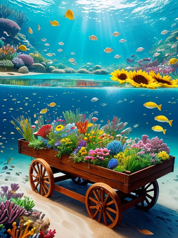 "A charming wooden cart brimming with various flowers—roses, sunflowers, tulips, and wildflowers—stands in a unique setting by the sea. The flowers spill over the sides of the cart, vibrant petals glowing under the sunlight. Instead of solid ground, the cart rests on a transparent surface above the ocean, and beneath it, colorful fish swim gracefully. The clear waters allow the sight of the marine life below, with schools of fish darting around, creating a mesmerizing scene where nature’s beauty on land meets the wonders of the sea."