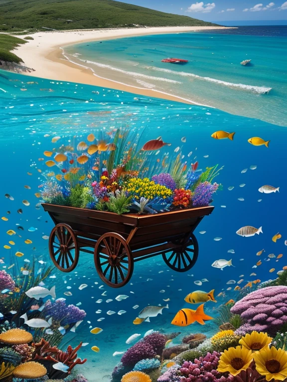 "A charming wooden cart brimming with various flowers—roses, sunflowers, tulips, and wildflowers—stands in a unique setting by the sea. The flowers spill over the sides of the cart, vibrant petals glowing under the sunlight. Instead of solid ground, the cart rests on a transparent surface above the ocean, and beneath it, colorful fish swim gracefully. The clear waters allow the sight of the marine life below, with schools of fish darting around, creating a mesmerizing scene where nature’s beauty on land meets the wonders of the sea."