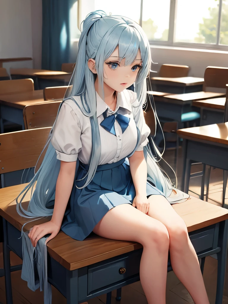 One girl, Long light blue hair, Dark Blue, sit in classroom, Princess of the Girls&#39; High School, uniform, Princess Dress, elegant, 3D animation, A charming smile, Sexy lips, 