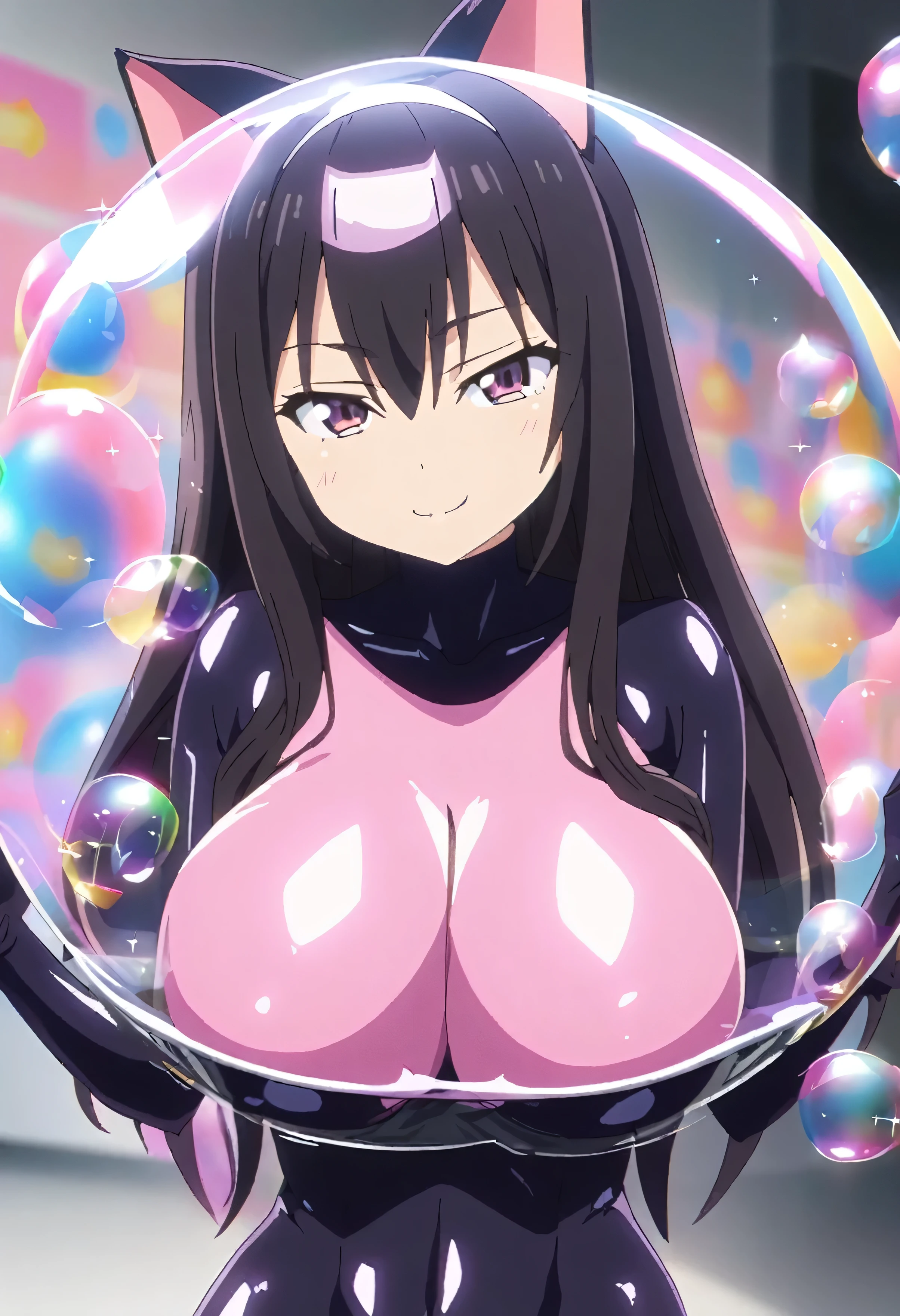 8K, 1girl, hot girl, cat ears, bubble, inside in large bubble,  eyes with symbol-shaped white, latex suit, look at viewer, best quality, super detail, HD, textured skin, long hair, large breasts, mysterious smile, sexy girl, pink big bubble background, sparkle, low bloom, motion blur, cheeks flushed, anime, hot girl, onee~san