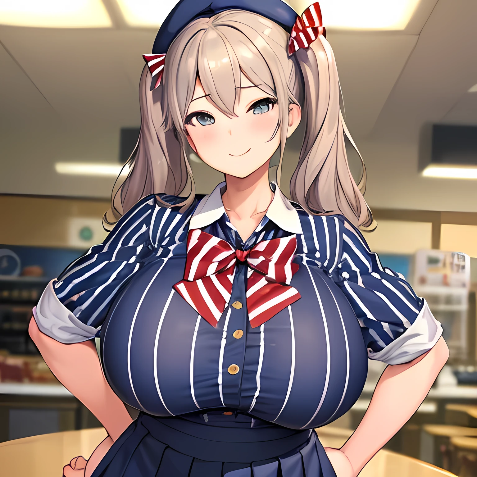 (masterpiece, Highest quality:1.2), alone, 1 girl, Kashima Lawson, smile, Looking at the audience, Hands on hips, Twin tails, beret, employee uniform, (Striped shirt), skirt,indoor, convenience store,(Huge round breasts:1.4),(Firm stomach),(athlete&#39;s chest),An athletic body,(Black bra),Firm stomach,Excited,Sweat,Troubled face,Showing off your bra,Accentuate your breasts,Open shirt,From below