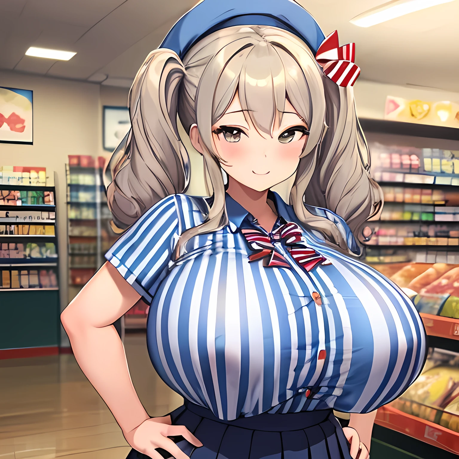 (masterpiece, Highest quality:1.2), alone, 1 girl, Kashima Lawson, smile, Looking at the audience, Hands on hips, Twin tails, beret, employee uniform, (Striped shirt), skirt,indoor, convenience store,(Huge round breasts:1.4),(Firm stomach),(athlete&#39;s chest),An athletic body,(Black bra),Firm stomach,Excited,Sweat,Troubled face,Showing off your bra,Accentuate your breasts,Open shirt,From below