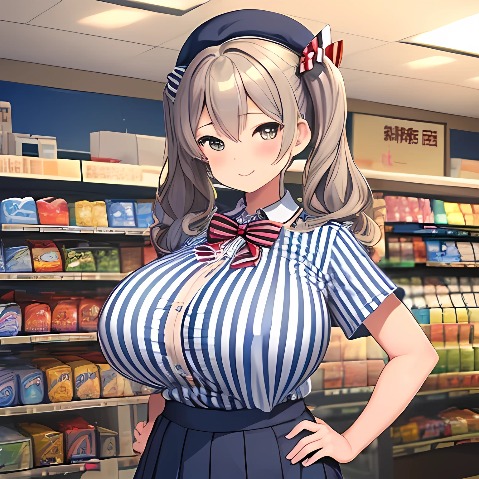 (masterpiece, Highest quality:1.2), alone, 1 girl, Kashima Lawson, smile, Looking at the audience, Hands on hips, Twin tails, beret, employee uniform, (Striped shirt), skirt,indoor, convenience store,(Huge round breasts:1.4),(Firm stomach),(athlete&#39;s chest),An athletic body,(Black bra),Firm stomach,Excited,Sweat,Troubled face,Showing off your bra,Accentuate your breasts,Open shirt,From below