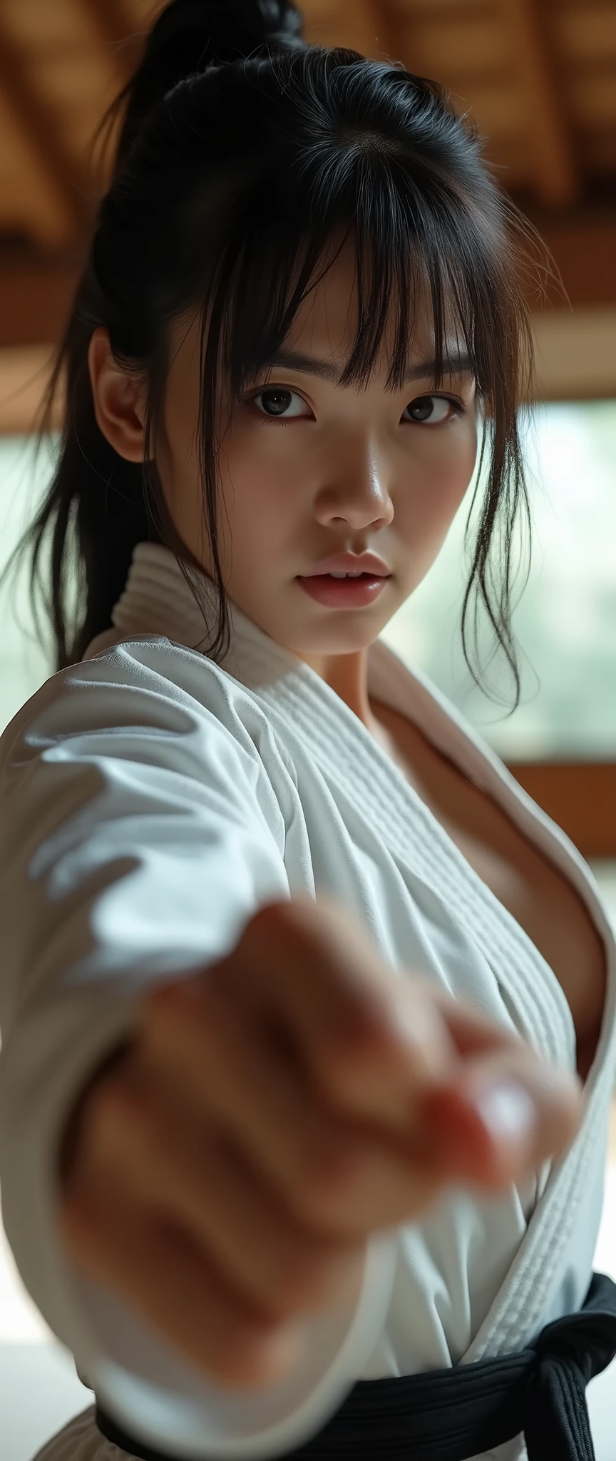 alone、high school girl、28 years old、Natural body shape、White skin、Natural Makeup、Black Hair、bangs、Straight Long Hair、、(full naked)、Standing with legs apart、((((Big Breasts))))、(show pussy)、((The upper body is wearing a judogi))、dojo、(((Looking at the camera)))、Thighs exposed、(((Head to thigh portrait)))
