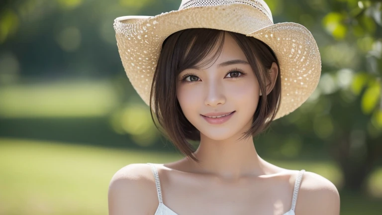 Highest quality, Realistically, Very detailed, Thin pubic hair, High resolution, Plain background，8k wallpaper, One beautiful woman,,Light brown short hair, Unusual angles、Wear a hat casually, Lock Focus, Perfect dynamic composition, Beautiful Eyes, Delicate hair, 细致Realistically的皮肤纹理, smile, Close-up portrait, Model Body Type