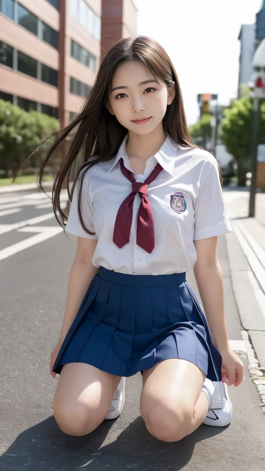 (Masterpiece、High image quality、high quality),(Japanese women、1、High school girls)、(Accurate anatomy,Beautiful body)、, Put your hands forward from both feet, Place both feet inside the loop, Quite embarrassing, Beautiful legs, Tight Skirt, 90 degree knee, Heel to the ground, Hands in front of feet, Hold my feet, Kneel, paved, RAW Photos, In 8K, 最high quality, Ultra-high resolution, Beautiful face details, Real human skin, Gentle expression, Front View, Angle from below, Long Hair, Realistic, Realistic, cute, Short skirt, Lurking deep in the city, cute女子高生, (Japanese school girl uniform, Wearing a Japanese uniform), Bitter smile, Surreal school girl, Full Body Esbian,