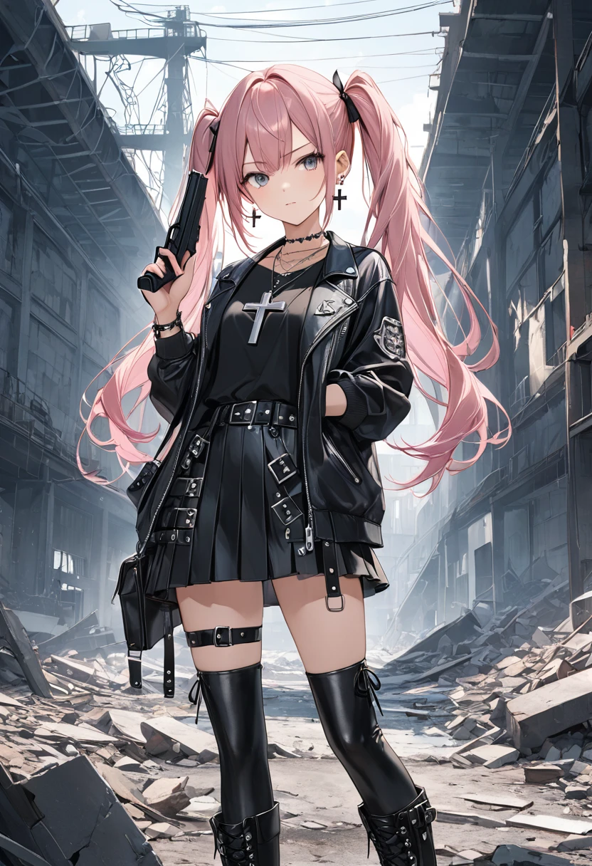 an 18 year old woman,with half black and pink hair,white skin and green eyes,with average bust wearing black clothes and a bulletproof vest, in the background behind an apartment, well drawn arms and body