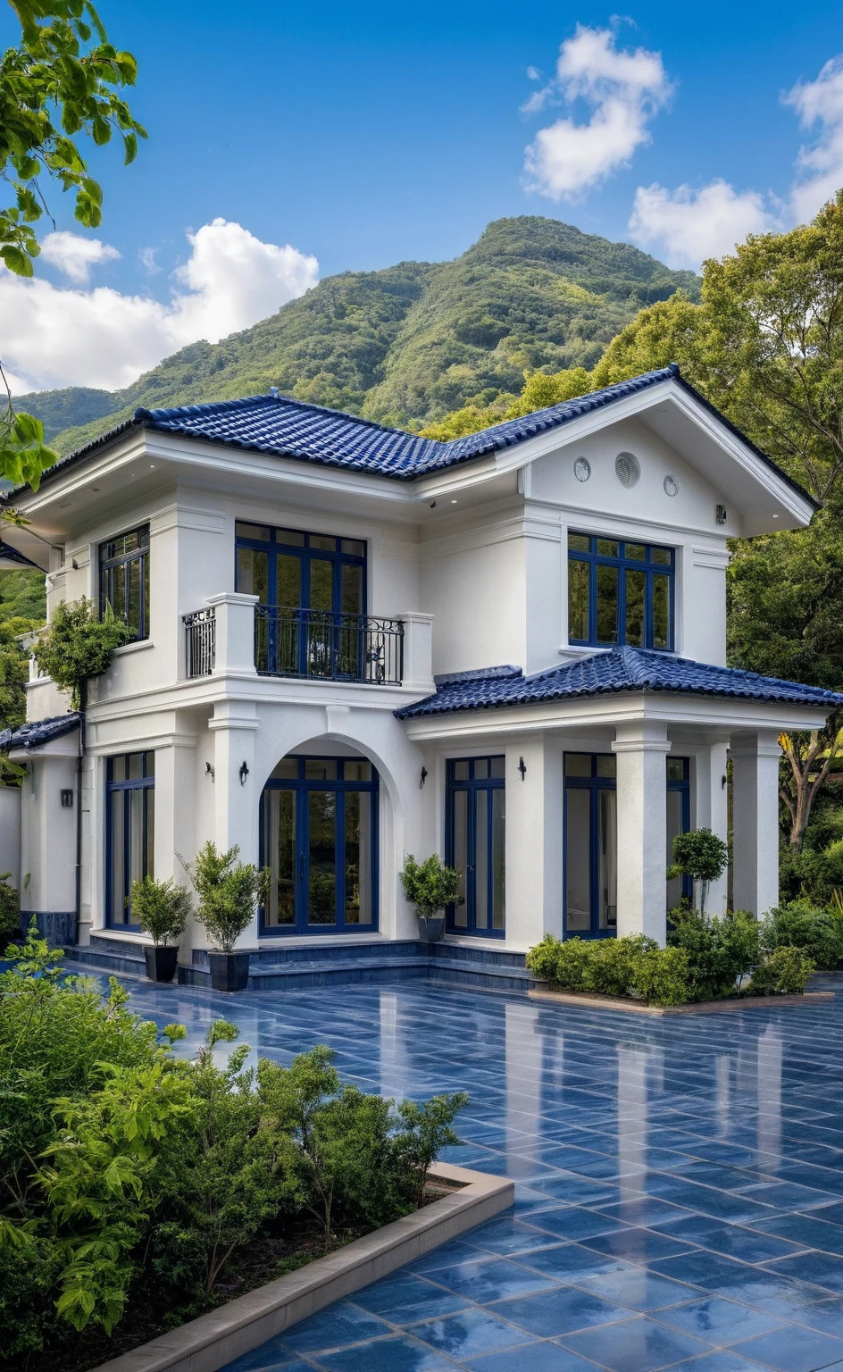 (masterpiece:1.2), best quality, photo of A two-story modern house with white walls and dark blue tiles on the roof., tree and plant, streetcapes, natural light, vivid color, The exterior of an elegant single family home features large windows, a dark gray door frame.