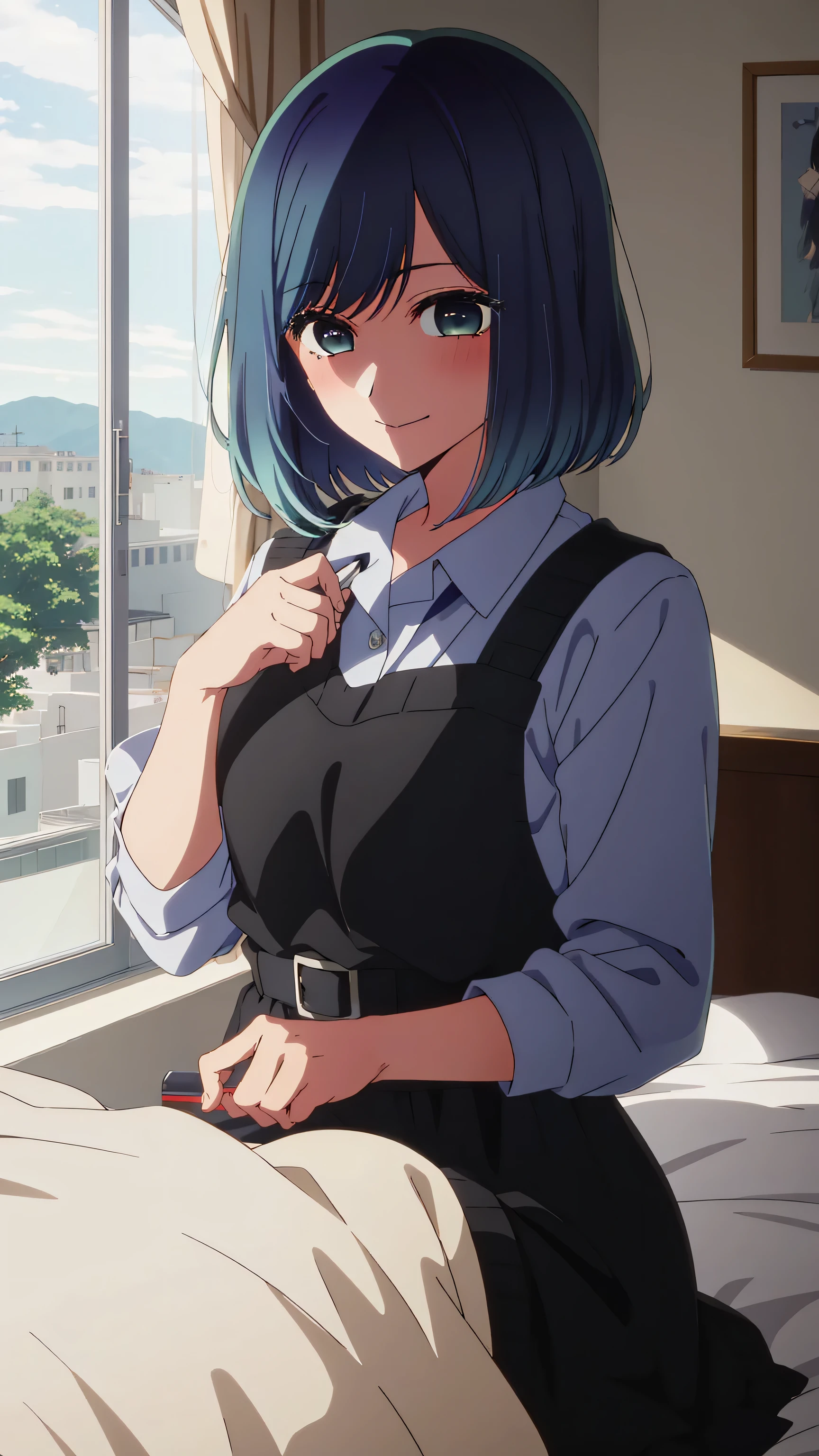 Akane Kurokawa, masterpiece, best quality, 1 girl, alone, smile, blushing, beautiful, purple dress, perfect body, sexy, blue hair, short hair, looking at viewer, green eyes, black, short hair, faded hair, blue eyes, bedroom background