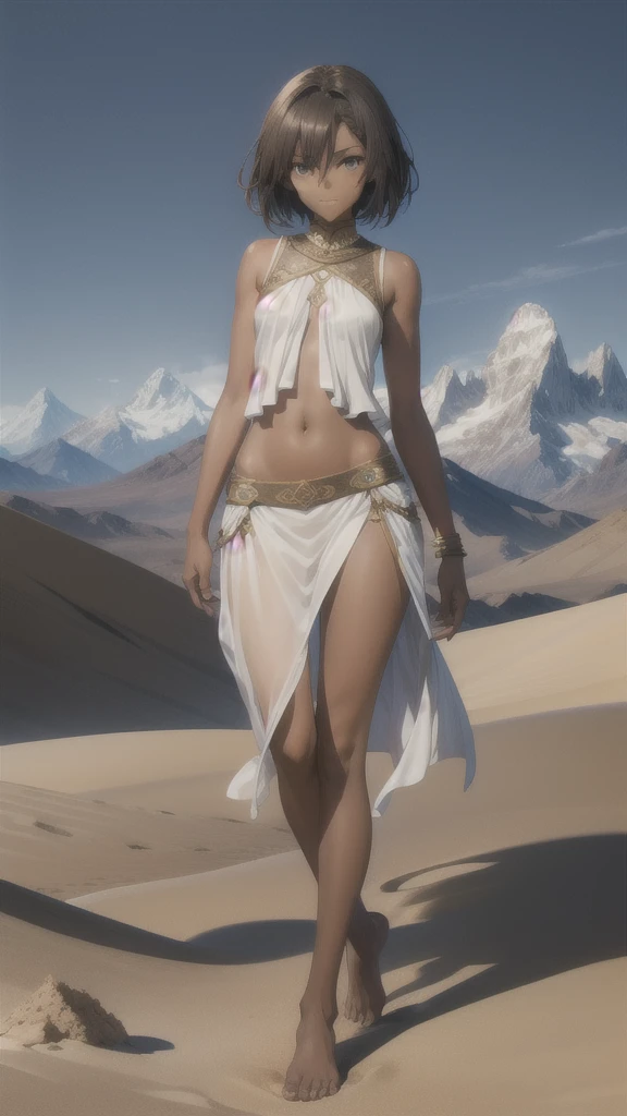 White short-haired, dark-skinned, flat-chested girl,White forehead protector,veil,Red and white sports top,Bare waist,Tattoo,thong,Transparent skirt,Bare arms,Bare Legs,barefoot,Scimitar,Standing,desert